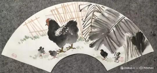 让画中的一只大母鸡和三只小鸡在画中走动 by Hailuo AI Video Generator
