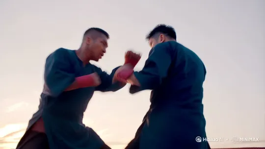高手功夫对决，一个是用南拳，一个是用北腿，
对打不分胜负，要求场面精彩，叩人心弦，来回穿梭，灵动起来，踢腿时有有向上跳跃感。镜头一，推进+跟随，镜头2右移十右摇推进。镜头3拉远+变焦推进。镜头4右摇十下摇然后推进十下移。镜头5拉远十晃动。镜头6上升十推进十下摇镜头7左移十拉远十跟随 by Hailuo AI Video Generator