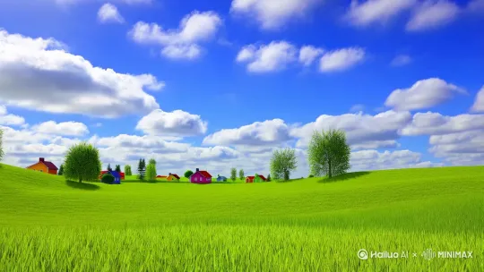 全景展现阳光明媚的田园风光，蓝天白云下，翠绿草地延伸向远方，远处错落分布着彩色小房子和葱郁树木，画面中心，巨大萝卜顶部的绿叶从土堆中探出，镜头缓缓推近萝卜。 by Hailuo AI Video Generator