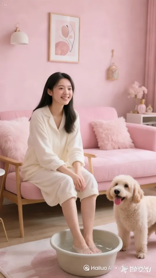 女孩儿欢笑着，两只脚在水盆儿里边儿不停的交叉揉搓，狗狗亲昵的舔女孩儿的脚丫。然后突然倒在地上，动作流畅自然，镜头跟随。 by Hailuo AI Video Generator