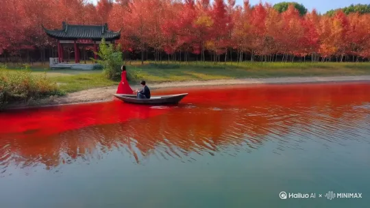 岸上一线枫树林立，染红了#
半个赤枫川，江面一分为二，
半水波清漾，一半红艳似火。
一人乘着小舟，划开赤白交#
界的水面，缓缓靠近未犹庭。
一个红衣女子款款而来，步
履间裙据轻扬。
[左移,上升] by Hailuo AI Video Generator