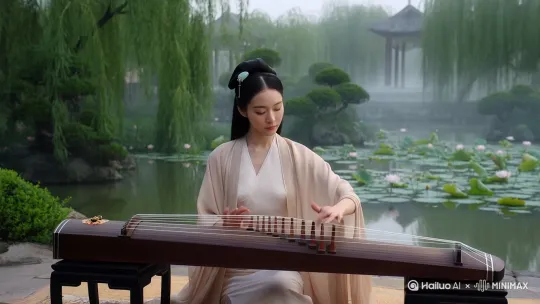 一个美女在弹古琴，谈的古琴曲是绿野仙踪。 by Hailuo AI Video Generator