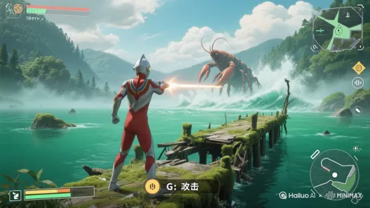 点击“G：变身”攻击，人物发射光线击中龙虾怪兽，风大，远处龙虾怪兽倒在水面，史诗级画面，震撼，紧张氛围 by Hailuo AI Video Generator