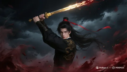 身着黑色长衣的男子双手紧握剑柄，双臂用力的将金色剑刃劈向镜头。血色雾气在剑锋划过处向两侧剧烈翻涌，固定镜头完整展现剑刃上流转的光芒与飞散的血雾粒子，阴郁氛围中透出锋利质感。 by Hailuo AI Video Generator