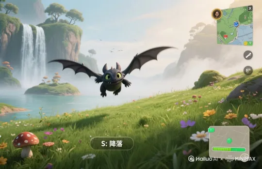 无牙仔看一下镜头然后降落在岛屿草地上，固定镜头，欢快氛围 by Hailuo AI Video Generator