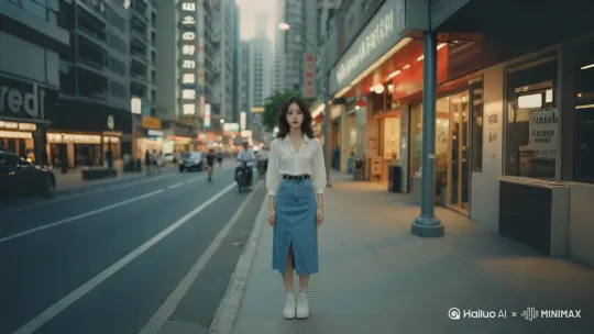 镜头从远处缓慢推近，聚焦在林晚身上，突出她在喧嚣城市中的孤独感
拍摄景别为全景，超广角镜头，人物景别是中景，视角采用平视，构图使用三分法，主体在马路边红绿灯下的女人穿着一件牛仔系的长裙，上衣为白色衬衫领口处是深 V 设计。她低头凝视地面，神情略显迷茫，双手自然垂落，缓慢的向前走着。环境场景是城市繁忙的街道，车水马龙，两侧高楼林立，橱窗透出暖黄色的光。艺术风格为复古胶片风，氛围光线是傍晚时分柔和的暮色，路灯开始亮起，色调以蓝灰色为主，增添一丝清冷孤寂感。 by Hailuo AI Video Generator