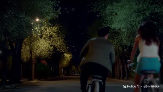 夜晚的街道两旁是茂盛的杨树，路灯灰黄，风吹过有树叶飘落，街道中央一男一女各自骑着自行车谈笑着向远处驶去，以一男一女骑车的背影为视角 by Hailuo AI Video Generator