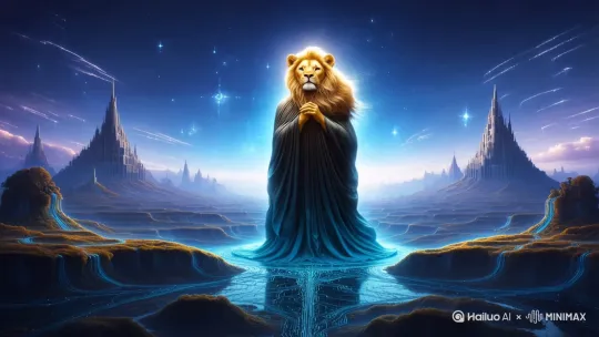 INFJ人格形象与狮子座形象争斗最后融合到一起的形象，要超现实主义画风，磅礴大气的场面，带点科技元素 by Hailuo AI Video Generator
