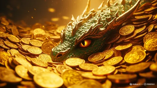 巨龙缓缓抬头并咆哮，周围金币随龙头的移动而洒落， by Hailuo AI Video Generator