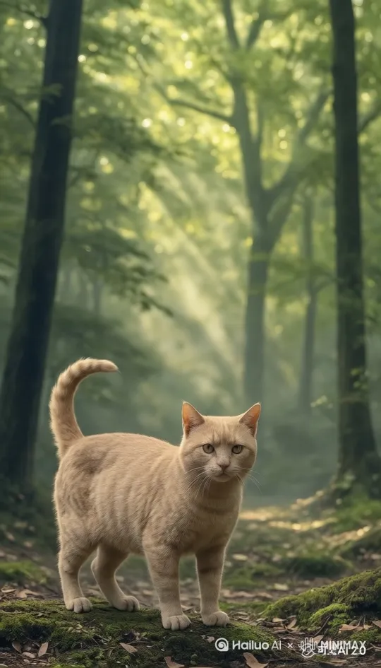 [缓慢推镜头，固定]小猫转身向森林深处跑，跑了6步，跑到远处，小猫回头看 by Hailuo AI Video Generator