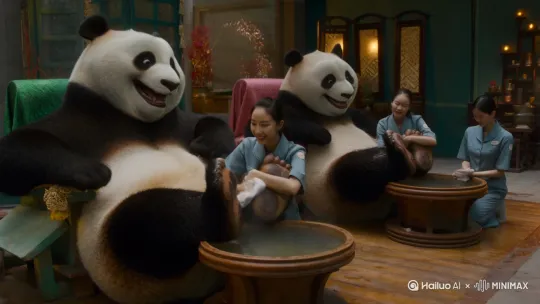 ′两只熊猫到洗脚店洗脚，露出憨笑，要求漂亮的女技师为其服务 by Hailuo AI Video Generator