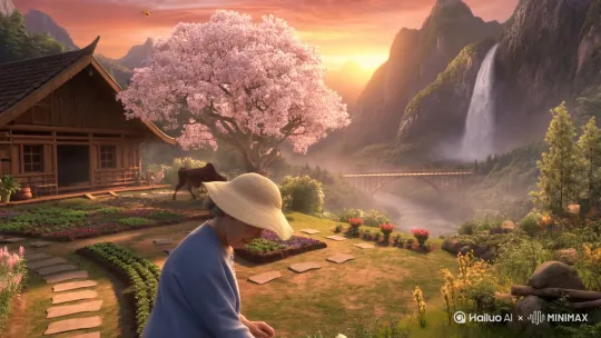 - 开场全景：在轻纱般云雾缭绕的悬崖之巅，雄伟高山连绵，气势磅礴的瀑布如银河落九天，水花迸溅。古朴雅致的小木屋静静矗立，被柔和的金橙色阳光温柔抚摸，背后高山冷峻，衬托出小木屋的温馨与宁静。
​
- 小木屋与花树：小木屋一侧，一棵参天的花树亭亭玉立，繁花似锦，花瓣呈梦幻的淡粉色，如烟雾般轻盈。微风轻拂，花朵摇曳生姿，细碎花瓣如雪纷扬，在木屋的屋顶、墙壁投下斑驳花影，仿佛一幅诗意的剪影画。
​
- 院子与石板路：小木屋前，小巧玲珑的院子被一圈质朴的木篱笆环绕。延伸而出的石板路，历经岁月洗礼，表面光滑泛着温润光泽。小径两旁繁花簇拥，五彩斑斓的花朵争奇斗艳，红的似火、白的像雪、黄的若金，浓郁的花香扑鼻而来。
​
- 菜畦花圃：石板路一侧，规划整齐的菜畦里，各类蔬菜鲜嫩欲滴。翠绿的青菜叶片舒展，胡萝卜缨子随风摆动。旁边的花圃中，玫瑰娇艳、百合纯洁、雏菊烂漫，蝴蝶与蜜蜂在花丛间忙碌穿梭，嗡嗡声此起彼伏。老奶奶头戴宽边草帽，身着朴素蓝布衫，弯着腰，双手娴熟地采摘蔬菜，脸上挂着满足的微笑，竹篮里堆满了新鲜的蔬果。
​
- 小桥与山谷：石板路另一侧，一座精巧的木质小桥横跨在深不见底的山谷之上。桥下，陡峭的悬崖如刀削般险峻，奔腾的河水如脱缰野马，汹涌澎湃地向前冲去，激起层层白色浪花，发出震耳欲聋的轰鸣声，与周边的宁静形成强烈反差。
​
- 爷爷归途：远处，夕阳的余晖将天空染成橙红色。老爷爷牵着健壮的耕牛，扁担上的锄头随着他稳健的步伐有节奏地晃动。牛儿不紧不慢地走着，脖子上的铃铛发出清脆悦耳的声响。老爷爷面庞黝黑，眼神中透着坚毅与平和，一步一步，身影在洒满余晖的小径上逐渐清晰。
​
- 整体氛围：山间的清风携着花草的甜香与泥土的质朴气息，轻轻拂过。瀑布的轰鸣声、河水的奔腾声、鸟儿的欢歌声、蜜蜂的嗡嗡声、牛铃的叮当声交织在一起，构成了一曲充满生机与活力的自然交响乐。湛蓝如宝石的天空下，这片悬崖上的小天地宛如世外桃源，宁静而美好，充满了治愈人心的力量。 by Hailuo AI Video Generator