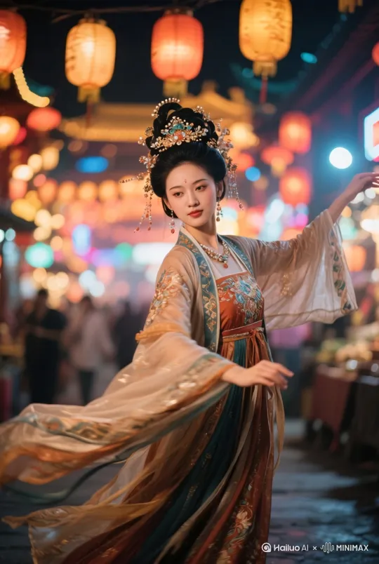分镜1: 身着流苏长裙的女子灯下轻盈旋转，[跟随][右移,左摇,跟随]粉白花瓣随风飘落。[左移,右摇,跟随]摄像机缓慢环绕展现裙摆同步转动的韵律，[左摇,变焦推进]柔和的自然光线透过花瓣间隙洒落，[左移,上升]近景构图突显优雅的东方美学，[左移,推进,右摇]舞者从容惬意的神情完美融入飘舞的花瓣雨中。[变焦拉远] by Hailuo AI Video Generator