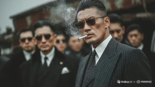 [左移,推进,右摇]展现一个正在抽烟的高大男人，高对比度强化人物面部轮廓，黑帮电影，电影感光线，画面呈现出男人的力量感和强大，压迫感，危险气息，人物登场画面 by Hailuo AI Video Generator