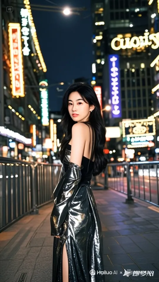 女子优雅转身，长发飘动,霓虹灯闪烁变换色彩,车辆在街道上快速驶过,女子抬手捋耳边长发,街边路灯明暗交替,,微风拂动女子发丝,女子眼神灵动左右张望,女子步伐轻盈慢移[右移,左摇,跟随] by Hailuo AI Video Generator