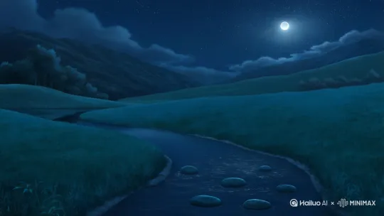 场景：月光溪流**

**(镜头缓缓下摇，广角)**

深邃的夏夜穹顶，星河如细碎的钻石粉末洒落。一轮近乎圆满的明月低悬，清冽如水的辉光倾泻而下，将整个溪谷笼罩在一层梦幻般的、半透明的银蓝色薄纱之中。万籁俱寂，唯有微风拂过草叶的沙沙低语，和远处若有若无的虫鸣交响。

**(镜头推近溪面)**

一条蜿蜒的小溪如同沉睡的液态宝石，镶嵌在墨绿色的绒毯上。水流异常平缓，几乎感觉不到流淌，只在偶尔经过微小落差时，才泛起一圈圈无声扩散的涟漪，搅碎倒映的月影。溪水**清澈得令人心悸**，月光毫无阻碍地穿透水面，清晰地照亮了水底每一粒细沙、每一道水流抚过的光滑石纹。在月光的魔法下，水面本身却泛着一层流动的、**柔和而凝练的银光**，仿佛液态的汞，又像被打磨至极致的绸缎，随着水波微微荡漾，将倒映的星月拉长、揉碎、再聚合。

**(镜头特写 - 溪中踏脚石)**

溪流中，几块大小不一的天然鹅卵石错落分布，形成一条通向彼岸的天然小径。它们被千万年的水流打磨得**圆润光滑，表面如同上了釉的瓷器**。月光直射其上，每一块石头都成为一个小小的光源，反射出**温润如玉、略带冷调的光晕**，清晰地勾勒出它们饱满的轮廓。未被月光直射的部分，则沉浸在溪水折射的幽幽蓝光里，表面仿佛凝结了一层薄薄的、湿润的露珠。

**(镜头跟随 - 人物登场)**

此刻，一对年轻夫妇的身影出现在溪边。男人身形颀长挺拔，女人体态轻盈曼妙，月光勾勒出他们精致的侧脸轮廓，如同古典雕塑。两人都赤着双足，将鞋子留在了岸边的青草地上。

**(镜头特写 - 足部)**

男人的脚掌宽厚有力，女人的双足纤细白皙。他们试探着，将脚轻轻踏入溪水边缘。冰凉的溪水瞬间包裹脚踝，带来一丝夏日难得的沁爽。水珠沿着脚背滑落，在月光下闪烁着细碎的银光。

**(镜头中景 - 行走)**

男人率先踏上第一块月下最明亮的踏脚石。他微微躬身，重心下沉，保持着平衡，同时向身后的妻子伸出坚实的手掌。妻子将手轻轻放入他掌心，信任地跟随。她的另一只手微微提起裙裾，露出一截莹白的小腿。

**(镜头特写 - 水面倒影)**

他们的身影清晰地倒映在如镜的水面上。倒影随着水波轻轻晃动、变形，仿佛另一个水底世界的幻影在同步移动。每一步踏下，倒影的足底便与水面接触，激起一圈圈细密的同心圆波纹，搅乱了那完美的银色镜面，又在下一秒迅速恢复平静。

**(镜头慢动作 - 跨越)**

当他们需要跨越两块距离稍远的石头时，男人先稳稳站定在前方稍大的石头上，身体微侧，双臂张开形成一个稳固的支撑。妻子深吸一口气，轻盈地一跃，足尖精准地落在前方的石面上。水花在她跃起的瞬间被带起几滴，在空中短暂地悬停，如同凝固的细小水晶，折射着月光，然后无声地落回溪流。

**(镜头全景 - 氛围)**

月光如霜，静静洒在他们身上，在肩头、发梢、湿润的脚踝处勾勒出柔和的银色光边。溪流在他们脚下无声地流淌，银光闪烁。周围的空气仿佛凝固了，只有他们的呼吸声、脚下水流轻柔的抚摸声（若有若无的“哗啦”声），以及彼此掌心传递的温度和无声的默契在流动。整个画面弥漫着一种**超然的宁静、亲密的信任与夏夜独有的清凉诗意**，时间仿佛在此刻被溪水和月光拉长、凝固。

**(镜头拉远 - 结束)**

最终，他们相携着，身影在溪流中央的踏脚石上渐行渐远，融入对岸更深的树影里，只留下那条流淌着月光的银溪，和水中依旧微微晃动的、关于他们的、温柔的残影。 by Hailuo AI Video Generator