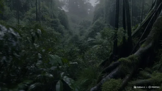 分镜1: 密集雨丝笼罩江南雨林，[变焦拉远]镜头缓推展现叶片间滑落的水珠。墨绿色树冠在朦胧雾气中轻轻摇曳，雨滴在古老青苔表面溅起细小涟漪。[变焦推进]

分镜2: 一双苍白手臂突然从灌木丛中伸出抓住路人肩膀。[右移,左摇,跟随]镜头急速仰拍展现人物被拖向空中的瞬间，惊愕表情倒映在潮湿的叶片表面。[右移,左摇,跟随]

分镜3: 坠落的身体连续撞击横生枝干，最终卡在粗大榕树气根之间。[推进,上升]雨水顺着撕破的衣料流淌，低角度俯拍展现迷雾中若隐若现的扭曲树影与剧烈晃动的枝叶。[左移,上升] by Hailuo AI Video Generator
