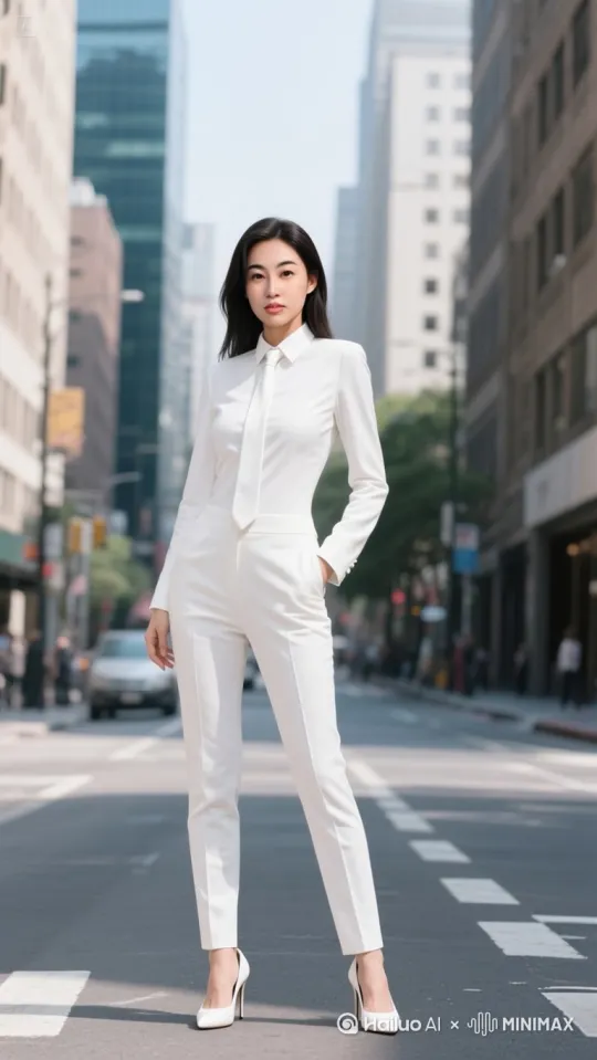 微风拂动女子的长发，街边车辆缓缓驶过，女子轻轻甩动长发，女子抬手整理领口，女子迈出优雅步伐前行，女子摆动双臂行走[推出,上升,下摇] by Hailuo AI Video Generator