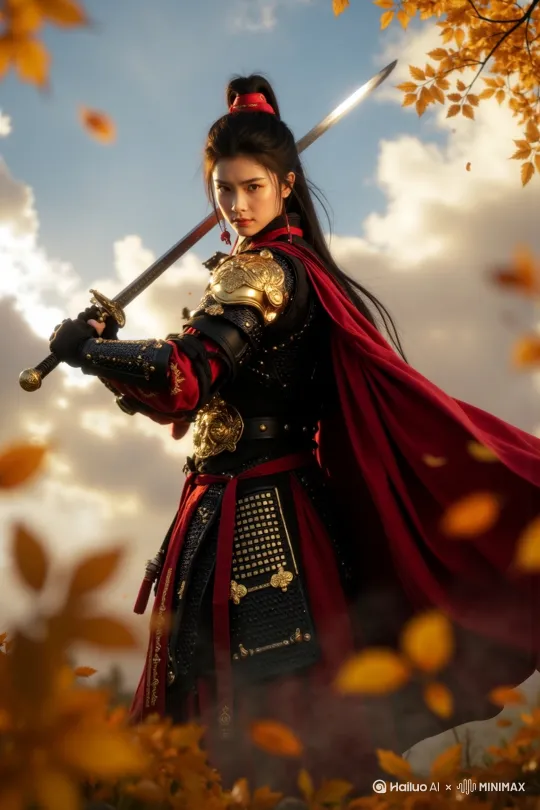 女将军快速的舞剑，剑尖带出火花特效。 by Hailuo AI Video Generator