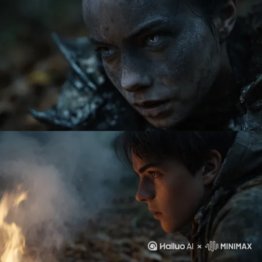 Two survivors rest in a dark, misty forest after a fierce battle. One is a girl with dirt-covered skin and glowing pale blue eyes, her hand transforming, veins glowing faintly as it regenerates — she’s mutating for the first time, expression cold and intense. The other, a teenage boy with soft features, watches the campfire in silence, its warm light reflecting on his face. The scene is tense and intimate, filled with exhaustion and unspoken emotion. Autumn leaves cover the ground, smoke drifts in the air, cinematic lighting, realistic details, post-apocalyptic fantasy mood.

Style tags (if supported by Hailuo):
	•	cinematic lighting
	•	gritty realism
	•	post-apocalyptic
	•	fantasy drama
	•	shallow depth of field
Scene transition: [Wide shot] → [Close-up of girl’s mutating hand] → [Boy glancing over, then lowering eyes to the fire] → [Brief hand tremor, glowing veins intensify] → [Silence]. by Hailuo AI Video Generator