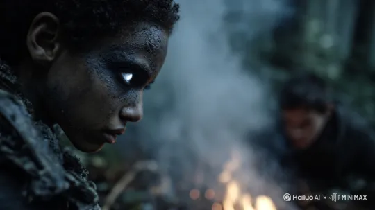 Two survivors rest in a dark, misty forest after a fierce battle. One is a girl with dirt-covered skin and glowing pale blue eyes, her hand transforming, veins glowing faintly as it regenerates — she’s mutating for the first time, expression cold and intense. The other, a teenage boy with soft features, watches the campfire in silence, its warm light reflecting on his face. The scene is tense and intimate, filled with exhaustion and unspoken emotion. Autumn leaves cover the ground, smoke drifts in the air, cinematic lighting, realistic details, post-apocalyptic fantasy mood.

Style tags (if supported by Hailuo):
	•	cinematic lighting
	•	gritty realism
	•	post-apocalyptic
	•	fantasy drama
	•	shallow depth of field
Scene transition: [Wide shot] → [Close-up of girl’s mutating hand] → [Boy glancing over, then lowering eyes to the fire] → [Brief hand tremor, glowing veins intensify] → [Silence]. by Hailuo AI Video Generator