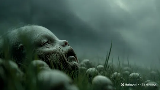 In a mist-choked field of tall, damp grass, hundreds of deformed infant-like skulls lie half-buried in the earth, their pale surfaces glistening with decay. At the center, a monstrous fetus the size of a human child sleeps with its mouth half-open, its skin wrinkled, fused with roots and flesh, as if it was grown by the soil itself. The atmosphere is thick with dread and silence, the sky above swirling with green-gray clouds, casting a sickly hue over the scene. This is the womb of a forgotten god—where failed creations rot and the last divine embryo dreams of awakening.

Style Tags (optional):
	•	dark fantasy
	•	cinematic horror
	•	biological horror
	•	foggy landscape
	•	post-religious mythos

…fused with tangled umbilical cords, veins like vines, and the soft pulsing glow of bioluminescent tissues beneath translucent skin.

A cloaked figure stands frozen at the edge of the field, eyes wide as they witness the source of all corruption—the sleeping god-child at the heart of the womb. by Hailuo AI Video Generator