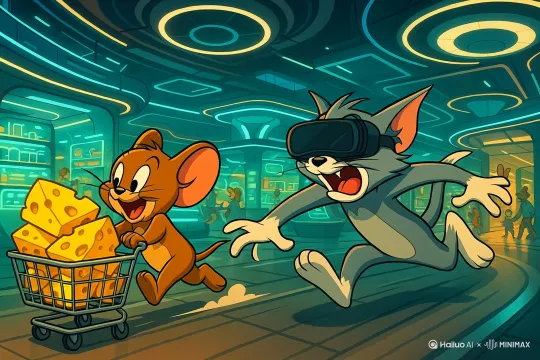 Tom 追着 Jerry, 两人欢快打斗[左摇,变焦推进] by Hailuo AI Video Generator