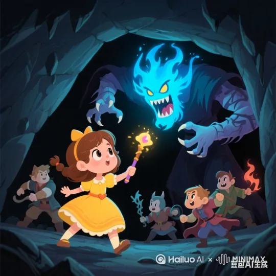 和伙伴们一起打败可怕的魔王，魔王头上的火焰飘动(童话故事风格) by Hailuo AI Video Generator