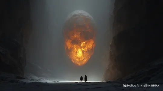 Deep within a frozen chasm carved into the heart of a dead mountain, two lone travelers stand in silence before a massive, levitating relic: a molten amber monolith suspended in midair. Glowing from within like slow magma, the amber pulses with ancient warmth. Faint fissures crackle across its surface, bleeding golden light into the dark ice-bound chamber.

Inside the crystal, half-visible through the resin’s many layers, is a titanic skull—part human, part divine, part unborn. It does not move, yet something inside seems aware. The heat from the amber clashes with the cold stone underfoot, distorting the air, wrapping the scene in a trembling, sacred silence. The two figures are dwarfed beneath its glow, their faces bathed in amber light, their breath caught not from fear, but recognition.

No sound comes from the relic, yet the silence hums—deep and alive, as if the womb itself is listening. Whispers seem to thread through the light: lullabies in a dead language, prayers cast out of time. The travelers do not speak. One takes a half-step forward… and the skull inside twitches—or maybe the light flickers. Either way, they both freeze.

This is not a monument. This is a sealed birth. The Ghost Mother still dreams, entombed in resin. Her sorrow has crystallized into memory, and her breath burns quietly beneath the surface. This is a womb that never stopped gestating—a forgotten god’s last heartbeat, waiting to crack open the world it never finished bearing.

ancient relic horror, suspended skull in amber, glowing cave mythology, divine fossil, sacred dread, cinematic slow dread by Hailuo AI Video Generator