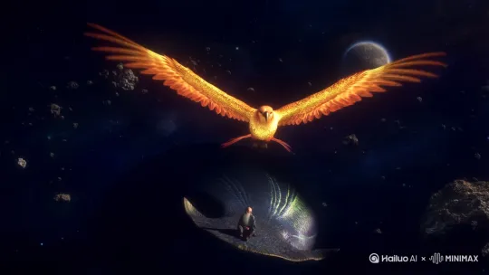 一只巨大的凤凰在宇宙中飞翔，他的周围有很多碎石和星球，他的后面跟着一只巨大的鲲，鲲上面坐着一个白胡子老人 by Hailuo AI Video Generator
