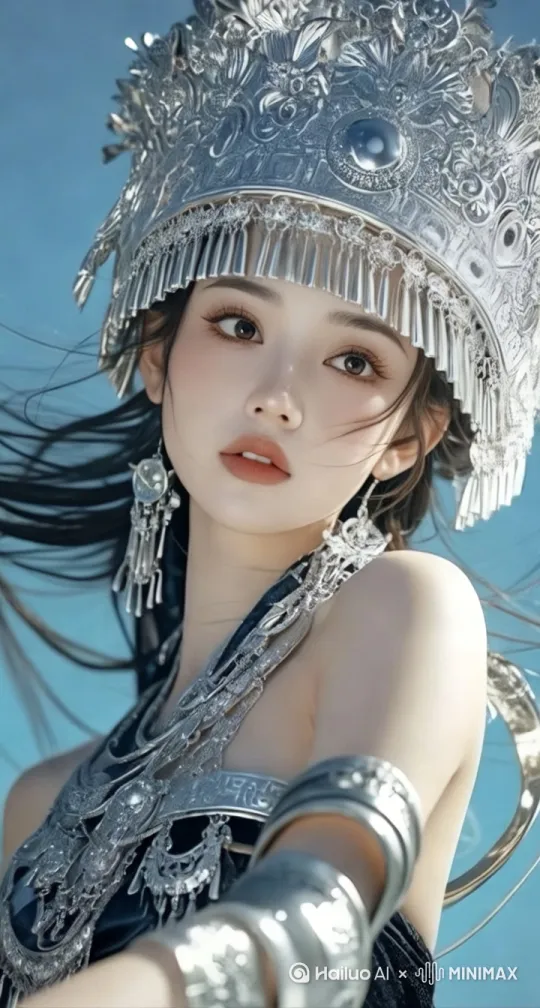 女人眨了眨眼睛，头发随风飘动，身上的配饰晃动跳起来神一样的舞蹈 就像敦煌的女神一样[右移,左摇,跟随] by Hailuo AI Video Generator
