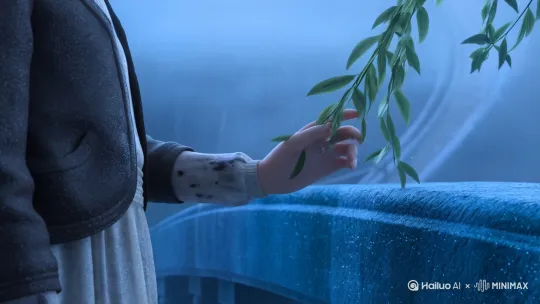雨中折柳**  
- **场景**：青石板桥被雨雾笼罩，柳枝低垂，雨滴在袖口洇出深色痕迹。  
- **运镜思路**：  
  - **0-1秒**：特写指尖触碰柳枝，水滴从叶尖坠落（镜头跟随水滴下移）。  
  - **2-3秒**：镜头升至少女侧脸，雨丝斜穿过画面（倾斜构图15°）。  
  - **4-5秒**：推近至眉心蹙起的细微纹路（镜头模拟雨幕朦胧感）。  
- **微表情**：折柳时淡漠（1-2秒）→雨水滑入袖口的蹙眉（3秒）→叹息时喉头微动（5秒）。  
- **艺术动态**：袖口雨滴坠地瞬间，倒影碎裂成涟漪（4秒处定格2帧）。  
  

大师光影，大师材质感
暗调+细腻CG风格+V-Ray渲染+柔光+皮肤细腻光滑+反射反馈+光泽度+3D动漫 by Hailuo AI Video Generator