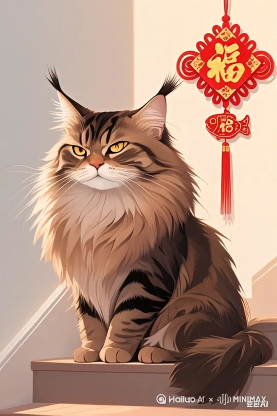 以上传图片内容为蓝本，生成棕虎斑缅因猫在家游玩的视频，要求卡通，搞笑。 by Hailuo AI Video Generator