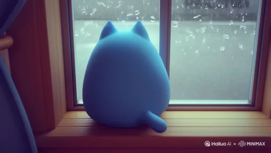 3D动画风格，画面主体是一只蓝色的胖猫，耳朵内侧为粉色，有着白色的胡须和粉色的鼻子，说着可恶的下雨天 by Hailuo AI Video Generator