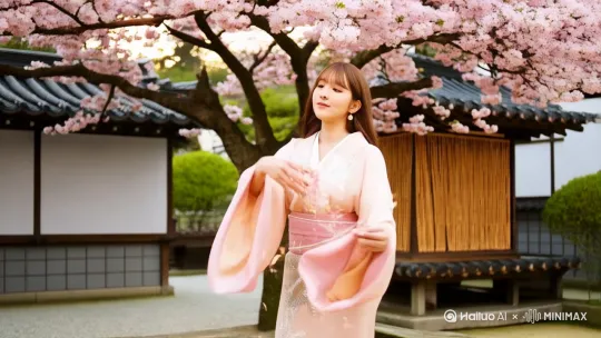 “身着淡粉色和服的亚洲女孩立于樱花树下，微风拂过，粉白花瓣如碎雪般漫天飘落，女孩抬手轻接一片樱花，发丝随动作轻扬，和服上的银线刺绣在晨光中闪烁微光。镜头从低角度仰拍，樱花雨在逆光中形成金色光雾，女孩转身时裙摆旋成温柔弧线，背景是黛瓦粉墙的日式庭院，远处茶屋的竹帘在风中轻摆，画面氤氲着水彩画般的朦胧质感，色调以柔粉、米白与浅绿渐变交织，搭配花瓣飘落的慢镜头特写，营造春日限定的梦幻氛围。”
元素拆解与画面逻辑
1. 主体与场景构建
人物细节：亚洲女孩（明确人种）、淡粉色和服（服饰质感与色彩）、银线刺绣（精致细节）、轻接花瓣的动作（柔美动态）。
场景空间：樱花树（核心元素）、日式庭院（黛瓦粉墙、茶屋竹帘）、晨光逆光（光影基调），形成 “人物 - 自然 - 建筑” 的层次感。
2. 动态与视觉流动
樱花飘落：“如碎雪般漫天飘落”“形成金色光雾”，结合逆光将花瓣质感具象化，强化 “唯美” 的动态核心。
人物动作：“抬手轻接”“转身旋裙”，动作设计贴合樱花的轻盈感，避免生硬。
镜头语言：“低角度仰拍”“慢镜头特写”“逆光拍摄”，通过运镜突出花瓣的飘逸与人物的柔和轮廓。
3. 风格化与氛围渲染
色彩基调：柔粉、米白、浅绿（樱花 + 和服 + 庭院），搭配 “水彩画般的朦胧质感”，弱化边缘锐利度，增强唯美滤镜感。
细节点缀：晨光中的银线反光、竹帘轻摆的远景动态，用微小元素提升画面呼吸感，避免单调。 by Hailuo AI Video Generator