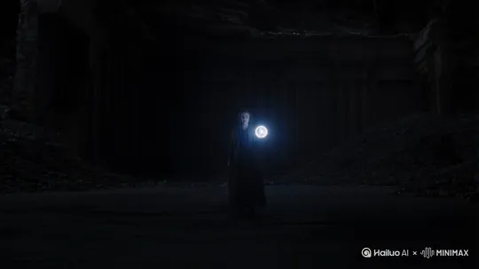 广角镜头，昏暗环境中，一名主角站在画面中央，身旁漂浮着一个发光的圆球。背景可为废墟、森林、城市或抽象空间，突出孤独与未知感。光线从圆球发出，照亮主角的脸部，营造希望与前行的氛围。 by Hailuo AI Video Generator