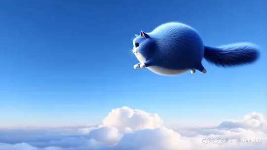 一个很胖的蓝色的猫在天上飞 by Hailuo AI Video Generator