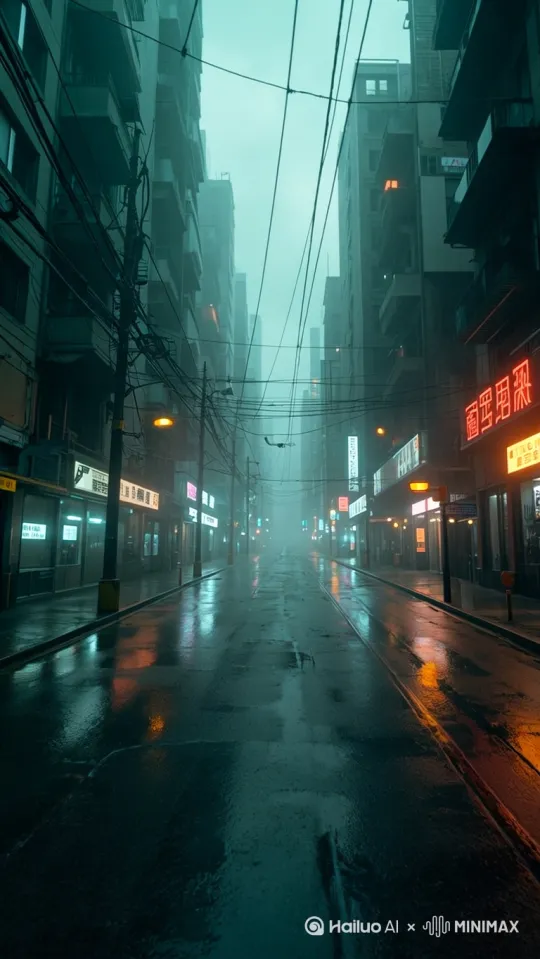第一视角镜头在街道中跑动前进[晃动,跟随]，下雨，赛博朋克风格，写实电影质感，科技感、紧张感氛围，高对比度 by Hailuo AI Video Generator