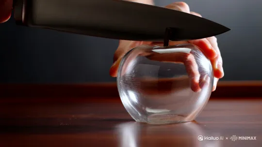 请帮我生成一个刀切玻璃苹果的视频 by Hailuo AI Video Generator
