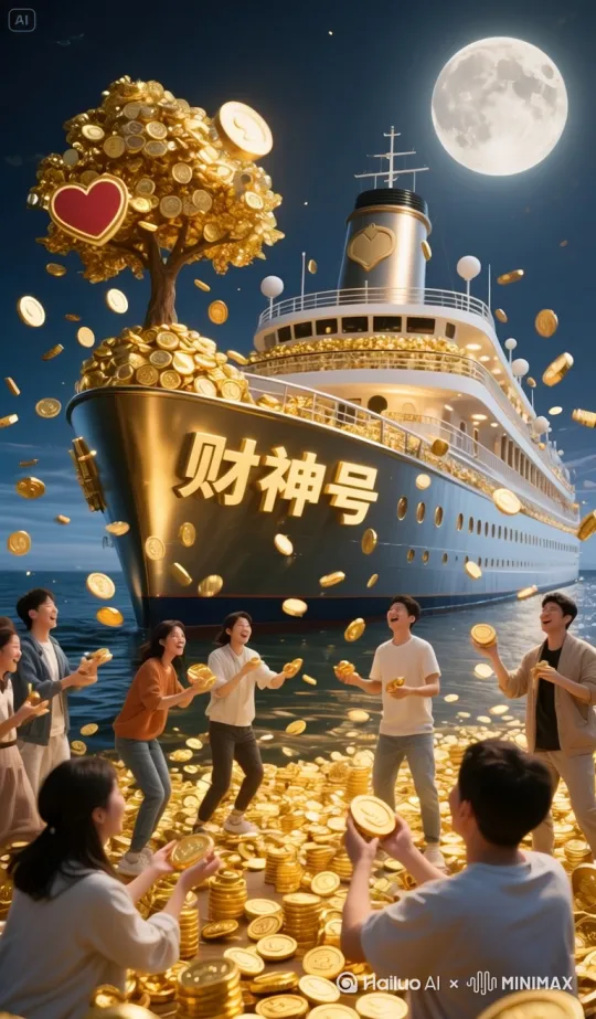船一边行驶，上面的摇钱树一边掉钱，大人高兴的捡钱 by Hailuo AI Video Generator