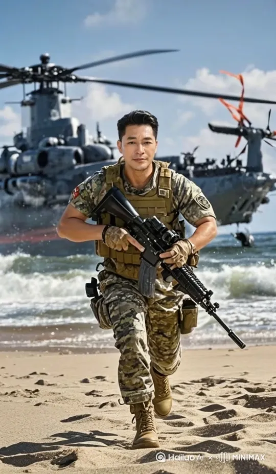 帮我生成视频大片。一位身材矫健的亚洲男士，身着迷彩作战服，背着战术背心，手持黑色突击步枪，在沙滩上快速奔跑。背景是一架大型军用直升机，海浪翻涌，天空飘着几朵白云。 by Hailuo AI Video Generator