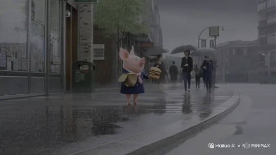 暴风雨天气，天空灰沉沉的，天空飘着雨点，一只猪穿着校服站着，用双脚奔跑，左手里拿着一袋子包子右手拿着一个汉堡。突然摔倒了，包子撒了一地，路人都转过头来看这只小猪。要求形象逼真 by Hailuo AI Video Generator