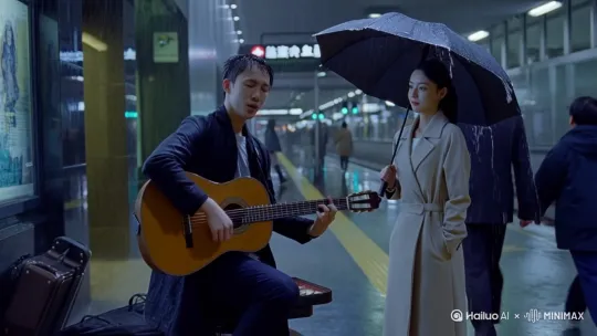 好的，我将按照您的要求创作一个关于音乐与爱情的浪漫故事。这个故事讲述了一位街头音乐家与一位音乐制作人之间的奇妙相遇，以及他们如何通过音乐找到彼此的灵魂。下面是我整理的故事框架和正文内容。

### 故事梗概

- **街头邂逅**：才华横溢却生活拮据的街头音乐家林夏在雨中演奏原创歌曲，吸引了一位神秘女子的驻足聆听。

- **命运转折**：这位女子是知名音乐制作人苏雨晴，她被林夏的音乐才华所打动，邀请他参加音乐选秀节目"新声代"。

- **专业碰撞**：在录音室里，林夏的原创风格与苏雨晴的专业要求产生冲突，两人因音乐理念不同而争执。

- **情感萌芽**：争执后，苏雨晴被林夏对音乐的纯粹热爱所打动，而林夏也理解了她的专业用心，两人关系出现转机。

- **音乐共鸣**：林夏在节目录制中演唱写给苏雨晴的新歌《雨中的你》，用音乐表达自己内心的情感，两人在音乐中找到了灵魂的共鸣。

本次写作重点描述林夏与苏雨晴从街头相遇到录音室争执，再到情感萌芽的过程，展现两个音乐灵魂如何通过艺术相互吸引和理解。

---

雨丝如织，林夏站在地铁出口的屋檐下，指尖在吉他弦上跳跃。他闭着眼睛，沉浸在自己创作的旋律中，雨水打湿了他的发梢，顺着脸颊滑落。

"当世界只剩下雨声，我听见你的心跳..."他的嗓音低沉而富有磁性，与雨声交织在一起。

行人匆匆而过，偶尔有人往他面前的琴盒里扔几个硬币。林夏并不在意，他只是在等待——等待一个能真正听懂他音乐的人。

苏雨晴就是在这时出现的。她撑着一把黑色长柄伞，站在雨中静静聆听。水珠从伞沿滴落，在她周围形成一道透明的水帘。

林夏睁开眼睛，透过雨帘看到了她。那一刻，时间仿佛静止。她穿着剪裁得体的米色风衣，发丝微湿，眼神专注而温柔。

"这首歌...是你写的吗？"当他唱完最后一个音符，她轻声问道。

林夏点点头，雨水顺着他的睫毛滴落。"是的，叫《雨中的你》。"

"很美的名字。"她走近一步，从包里取出一张名片，"我是苏雨晴，'新声代'音乐制作人。有兴趣来参加我们的节目吗？"

林夏愣住了。他认识这个名字——苏雨晴，业内最年轻的王牌制作人，发掘了无数音乐天才。他低头看着手中的名片，雨水已经将边缘浸湿。

"为什么是我？"他抬头问道。

苏雨晴微微一笑，那笑容让林夏的心跳漏了一拍。"因为你的音乐里有故事，有灵魂。这是现在很多歌手缺少的东西。"

一周后，林夏站在"新声代"的录音室里，紧张得手心冒汗。苏雨晴坐在调音台前，戴着耳机，表情专注。

"再来一次，"她按下通话键，"副歌部分感情再饱满一些，想象你在雨中唱歌时的状态。"

林夏深吸一口气，闭上眼睛，回忆那个雨天的感觉。当他再次开口，声音里多了一丝颤抖的情感。

录音结束后，苏雨晴摘下耳机，眼中闪烁着惊喜。"太棒了！就是这样！"她情不自禁地鼓起掌来。

林夏走出录音间，有些不好意思地挠挠头。"谢谢，是您指导得好。"

"叫我雨晴就好。"她递给他一瓶水，"你的原创能力很强，但在舞台表现上还需要打磨。"

接下来的日子里，他们几乎每天都在一起工作。林夏发现苏雨晴工作时严肃得近乎苛刻，但私下里却有着温柔幽默的一面。而苏雨晴则被林夏对音乐的纯粹热爱所打动，那是她在娱乐圈多年未曾见过的真诚。

然而，分歧还是出现了。一次排练中，苏雨晴坚持要林夏改变一首歌的编曲风格。

"这样更符合大众审美，"她解释道，"观众会喜欢的。"

林夏却固执地摇头。"但那就不是我的音乐了。我想表达的是真实的情感，不是迎合。"

"在舞台上，你需要考虑观众的感受。"苏雨晴的声音提高了些。

"如果连自己的音乐都不能忠于内心，那还有什么意义？"林夏转身离开，留下苏雨晴站在原地。

那天晚上，林夏辗转难眠。他拿出吉他，弹起了那首《雨中的你》，却总觉得少了些什么。最终，他拿起手机，给苏雨晴发了一条消息："对不起，我今天太冲动了。"

消息刚发出，手机就响了。是苏雨晴。

"我也要道歉，"她的声音透过电话传来，有些疲惫，"我太专注于节目效果，忽略了你的感受。"

"我们能再谈谈吗？"林夏问道。

"现在？"苏雨晴有些惊讶。

"现在。"林夏坚定地说。

二十分钟后，他们在第一次相遇的地铁站见面。夜已深，雨却停了，空气中弥漫着湿润的清新。

"我想通了，"苏雨晴率先开口，"真正的音乐应该打动人心，而不是追求表面的华丽。你的坚持是对的。"

林夏摇摇头。"不，你说得也有道理。我太自我了，没有考虑如何让更多人理解我的音乐。"

他们相视一笑，所有的隔阂在这一刻烟消云散。

"节目录制那天，"林夏突然说，"我想唱一首新歌。"

"什么歌？"苏雨晴好奇地问。

"《给你的歌》。"林夏看着她，眼中盛满了星光，"写给你的。"

节目录制当天，林夏站在聚光灯下，台下坐着四位评委和数百名观众。他的目光却只锁定在第一排的苏雨 by Hailuo AI Video Generator
