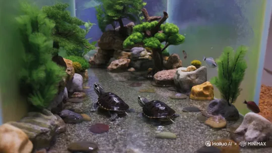 生态溪流缸里有两只幼龟在散步，光线柔和，自然调色，水流清澈，水体有鱼，镜头要从远到近，体现处溪流缸全貌，有石头有树，有溪流 by Hailuo AI Video Generator