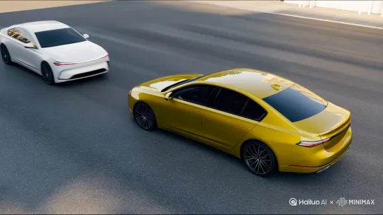 一辆白色轿车。风格现代。和一辆黄色现代轿车。相撞 by Hailuo AI Video Generator