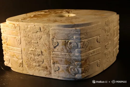 在远古时代，一个象征着神权与王权的玉琮被供奉在祭坛上，电影级光影，超写实神秘场景 by Hailuo AI Video Generator