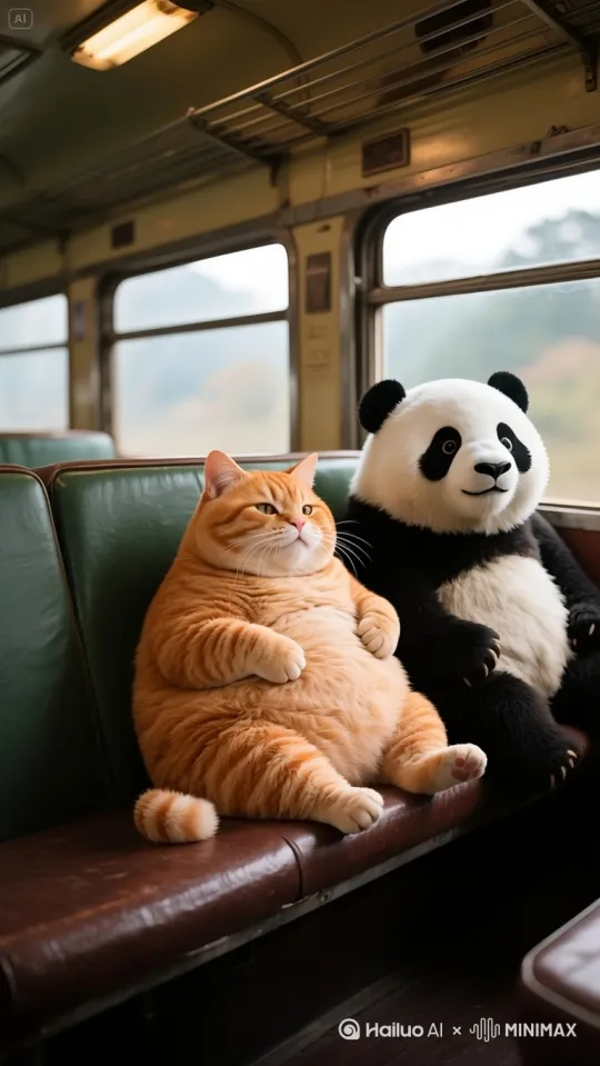 胖橘猫与大熊猫并肩而坐。车窗外景色快速向后掠过，列车正高速行驶。胖橘猫转头看向大熊猫，嘴巴一张一合，似在热情交谈；大熊猫目光聚焦胖橘猫，随后嘴巴大张，发出爽朗笑声，画面充满趣味互动与动感氛围 。 by Hailuo AI Video Generator