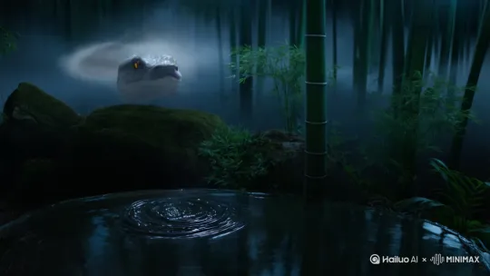场景：云雾缭绕的深山竹林，月光穿透枝叶洒下银辉
 
镜头1：（远景）
幽潭水面泛起涟漪，一条通体雪白的巨蛇破水而出，鳞片在月光下泛着珍珠光泽，蛇身蜿蜒盘上岩石，蛇信吞吐间雾气翻涌。
 
镜头2：（特写转中景）
蛇首昂起，双目骤然发出金芒，周身白雾暴涨。蛇身扭曲、拉长，鳞片褪去化作莹白肌肤，利爪缩成纤手，蛇尾分裂为裙裾飞扬的双腿。
 
镜头3：（全景）
白雾散尽，白衣女子跪伏在地，长发如瀑倾泻。她缓缓抬头，眉眼流转间褪去兽性，唇角漾出一抹浅笑，指尖轻抚竹林露珠，发出清脆声响。
 
画外音（空灵女声）：“千年修行，终成人形。”[晃动] by Hailuo AI Video Generator