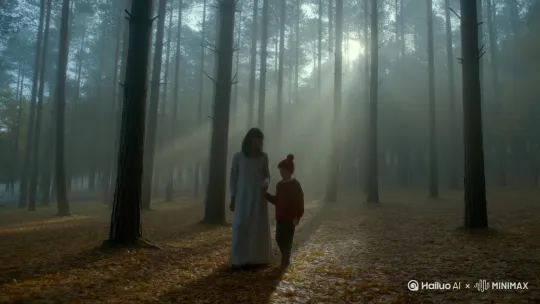 一个身着素色长裙的女人牵着一个戴红色针织帽的男孩在晨雾弥漫的松树林间行走。高大的松树轮廓在雾气中若隐若现，潮湿的地面铺满金黄落叶，摄像机以中景缓慢跟拍。晨雾中的柔光透过树冠间隙形成朦胧光柱，寂静中透出神秘氛围。[跟随] by Hailuo AI Video Generator