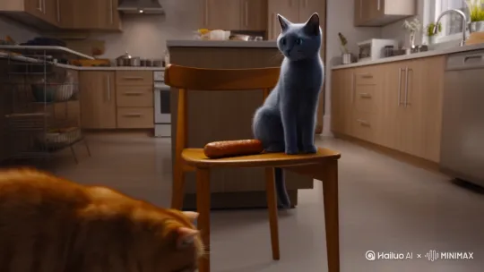 一只胖猫踢走一只蓝猫坐在椅子上吃香肠 by Hailuo AI Video Generator